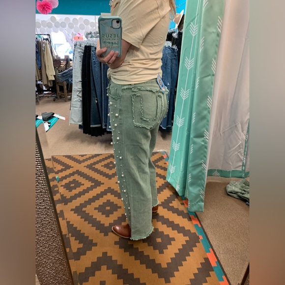 POL Sage Green Straight Leg Pearl Beaded Denim Jeans - Picture 4 of 6